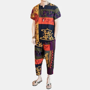 

INCERUN Men Sets Ethnic Printed Retro Short Sleeve Casual T Shirt Vintage Pants Streetwear Loose Men Clothes 2 Pieces Plus Size