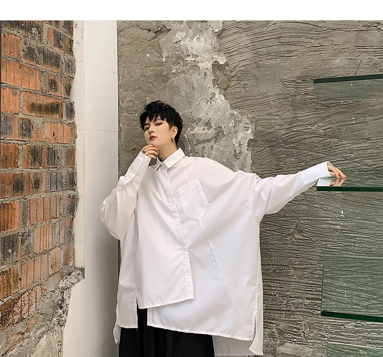 Men Oversized Long Sleeve Asymmetric Design Loose Black White Shirt Male Japan Streetwear Hip Hop Gothic Casual Shirts
