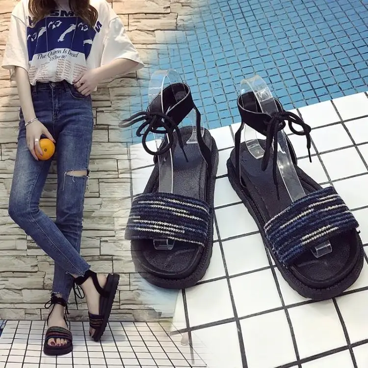 

2020 Summer Sandals Fashion Word-Buckle Square Heel Pu Low Heel Shoes Woman Sandals Rubber Ankle Casual Lace-Up Womens Sandals