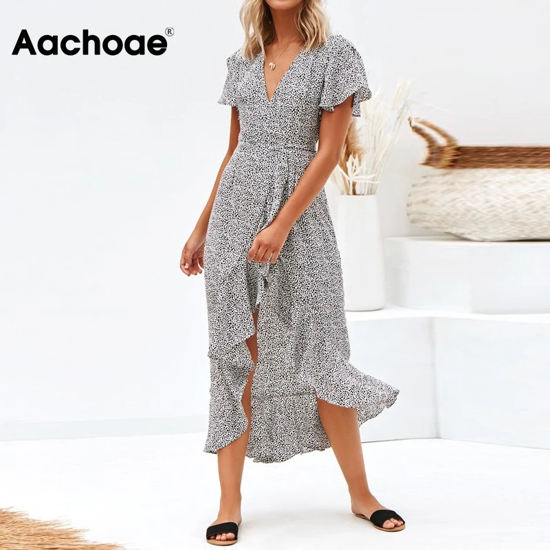Женское длинное пляжное платье Aachoae в горошек с v образным вырезом и коротким