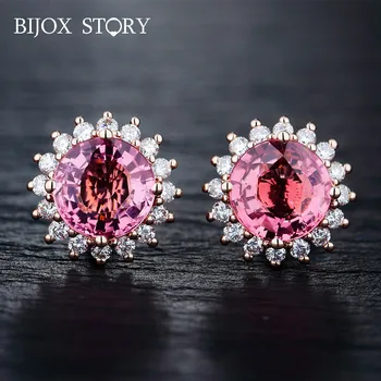 

BIJOX STORY Trendy 925 Silver Stud Earrings with Round shape Topaz Gemstones Fine Jewellery Earrings for Women Wedding wholesale