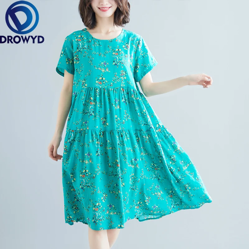 

Plus Size Cotton Printed Midi Dress for Women Summer Casual Boho Loose O-neck Floral Dress Elegant Club Party Dresses Vestidos