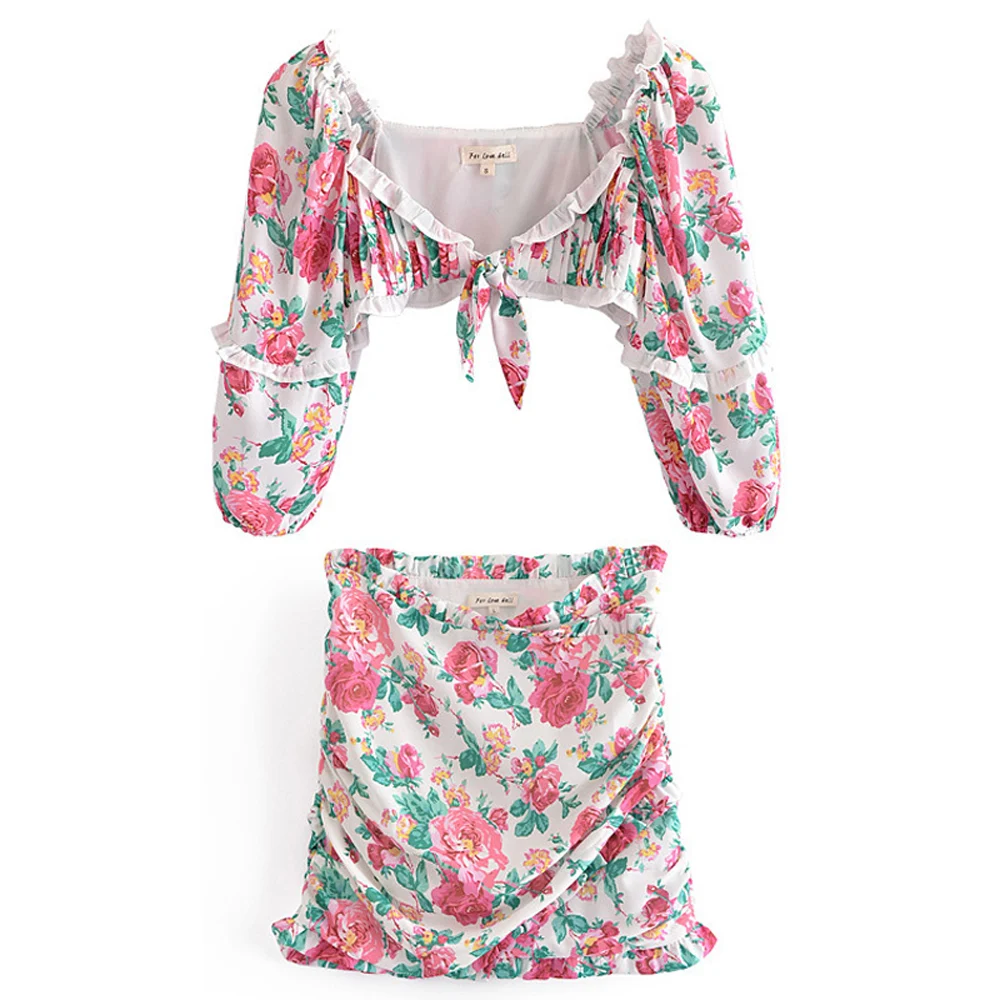 

2021 Sexy Summer Holiday New Retro Floral Puff Sleeve Top + Tie Up Wrap Mini Dress Skirt Set Women's Dress Long Sleeve