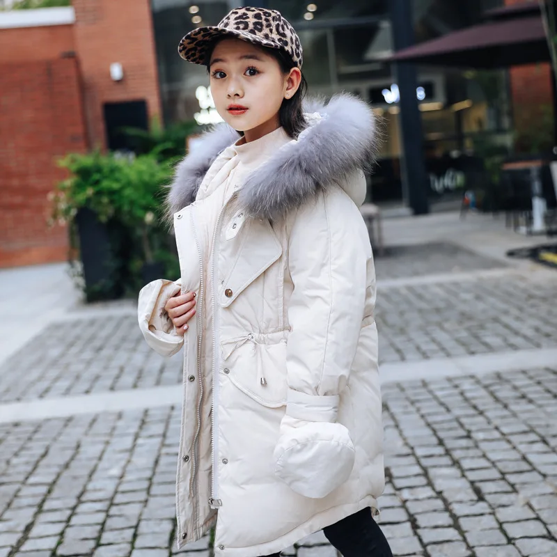 Детское зимнее модное повседневное пуховое пальто куртка-пуховик в Корейском стиле для девочек зимнее пальто для девочек с воротником из 80% белого утиного пуха - Цвет: Бежевый