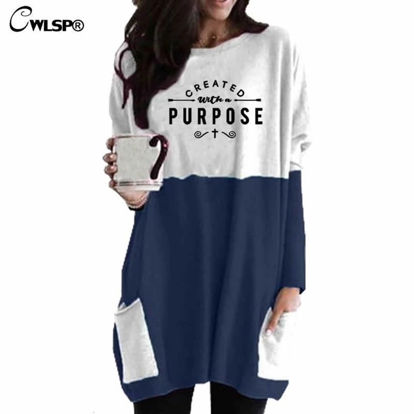 

New Fashion Long Sleeve Stitching Pocket Tshirt For Women Created With A Purpose Letters Print Jesus Bible Faith Female Harajuku