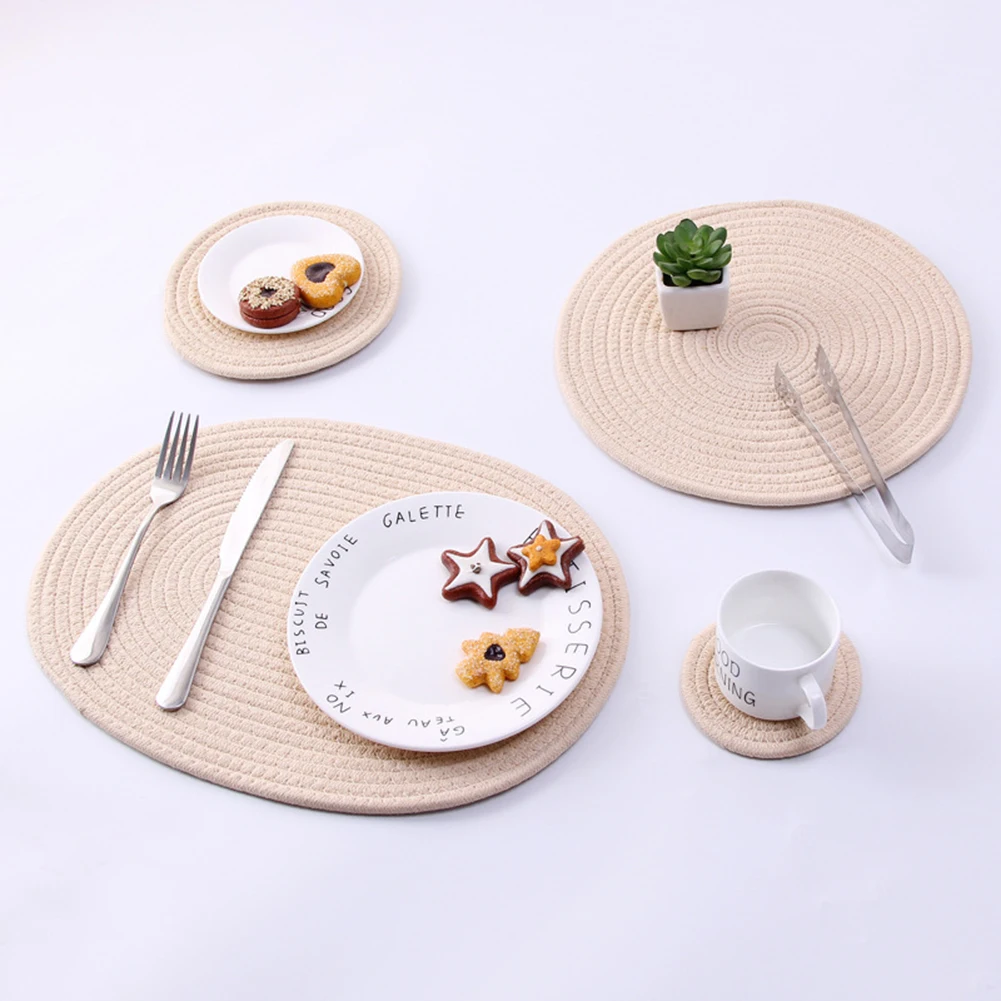 

Placemat Pad Coasters Kitchen Table Mats Cotton Linen Knitting Bowl Mats Padding Mat Insulation Pad Round Placemats Hand-Made