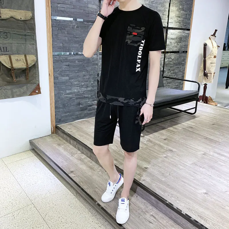 

Popular Brand Short Sleeve Set Men's 2019 Summer New Style Pocket Two-Piece Set Teenager Students Handsome Cool Sports Clothing