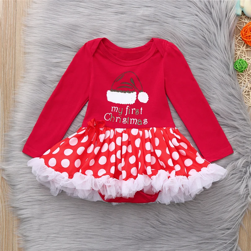 Рождественское красное платье-пачка для маленьких девочек праздничное платье принцессы из тюля с длинными рукавами и буквенным принтом в горошек и бантом на возраст от 0 до 18 месяцев, A20