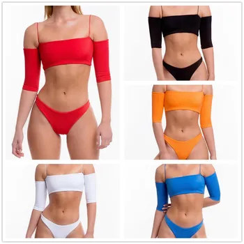 

Split Solid Color Ladies Swimwear Bikini 2020 String Bikini Off Shoulder Bandage Swimsuit Bikini Push Up