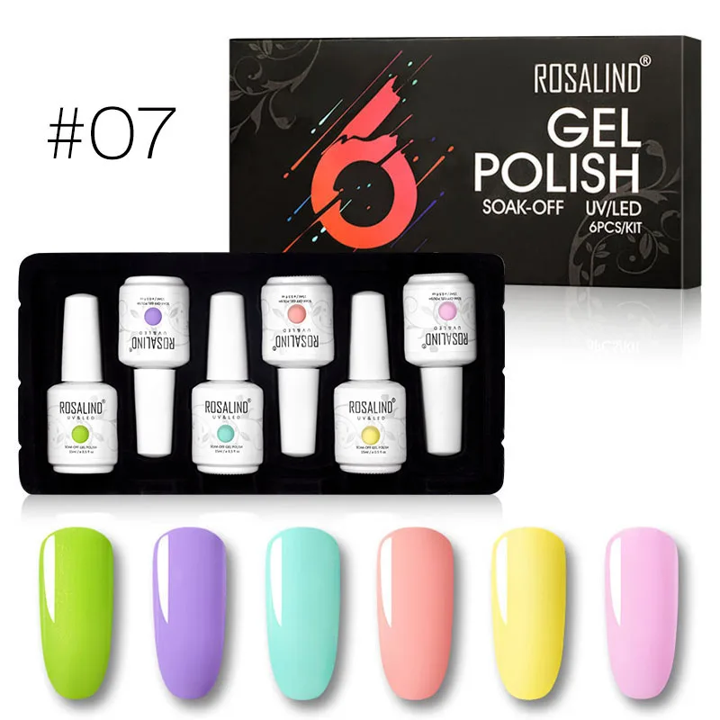 15 ml set 7 ROSALIND 6 шт./комплект Гель-лак для ногтей набор Гибридный лак УФ-гель, акриловый Гель-лак все для маникюра основа и верхнее покрытие для дизайна ногтей - Цвет: 15 ml set 7