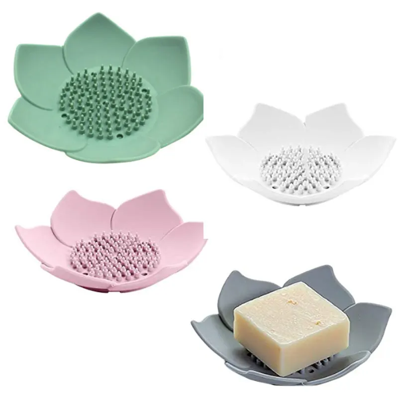 4PCS Lotus Flowers Soap Dish Silicon Soap Holder Non Slip Flexible Soap