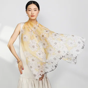 

Women Scarf High Quality Artificial Gray Silk Print Flower Competitive Price Fashion Long Shawls White