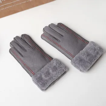 

Women Solid Sheepskin Faux Fur Gloves Ladies Girls Winter Warm Wrist Gloves Hand Stitching Sewn Leather Full Finger Gloves