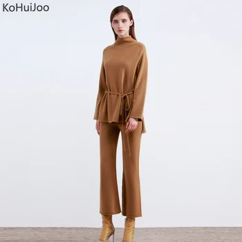 

KoHuiJoo Autumn Knit Pants Suit Women Casual Solid Long Sweaters+Wide Leg Pants Sets Femamle Knit Tracksuit