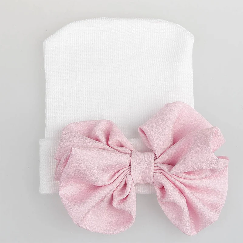 Новорожденная детская шапка для младенцев Детские теплые шапки хлопковые полосатые шапки мягкие больничные розовые белые вязаные шапочки с бантом для новорожденных 0-6 месяцев - Цвет: White Pink