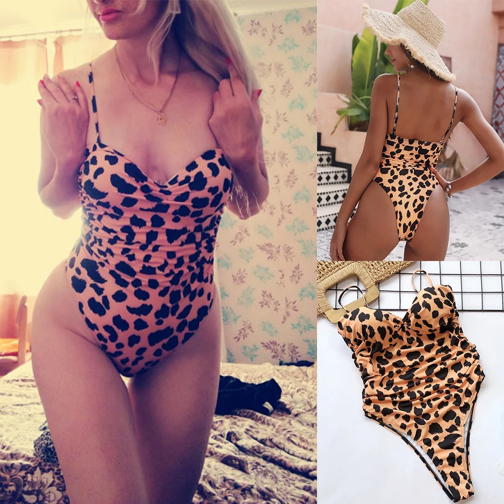 Bikini Bathing-Suits One-Piece swimsuit Leopard Push-Up Women Print Sexy Feminino 