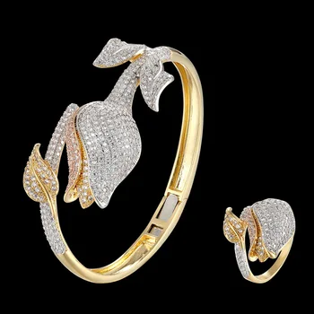 

Zlxgirl jewelry high quality gold rose flower bangle and ring for wedding bridal jewelry sets metal mirco pave zircon bangle set