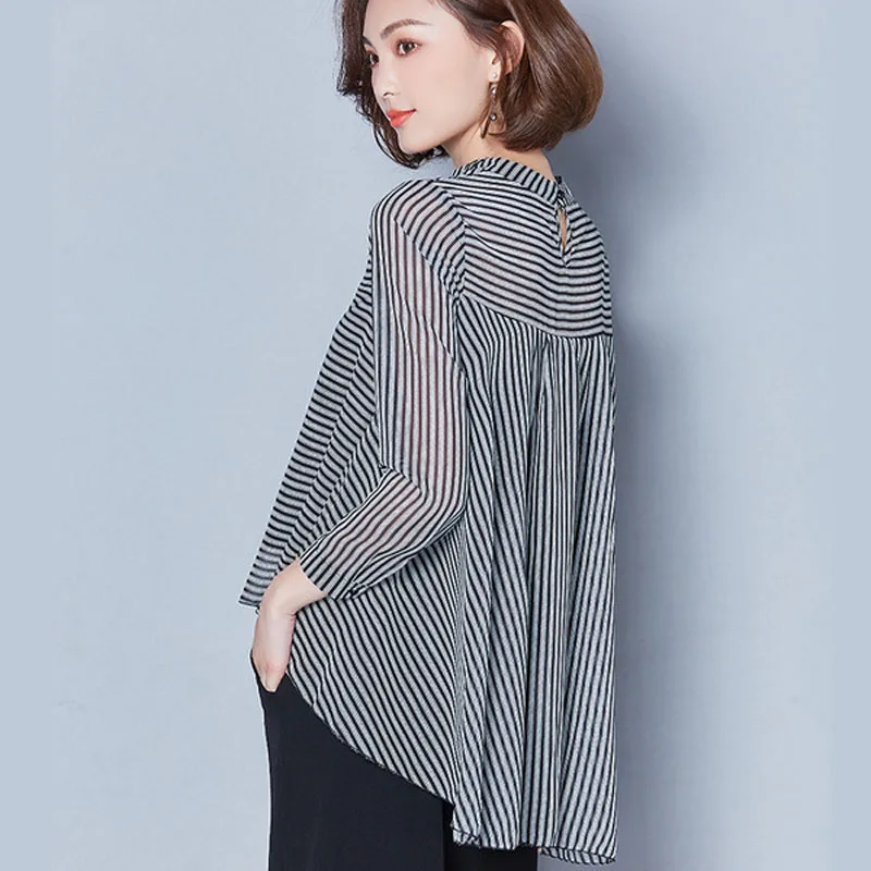 

Mujer Peter Pan Collar Chiffon Shirt Office Work Tunic Vetrical Striped Irregular Women Tops And Blouses Long Sleeve Elegant