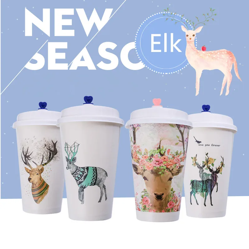 

50pcs White thick elk paper cup party wedding favor disposable coffee cup 500ml cold and hot drink packaging cup with cover