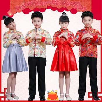 

Boy Tang Dynasty Suits Girl Embroidery Dress Kids Chinese Traditional Dance Costumes Children Stage Host Clothing Set Party Wear