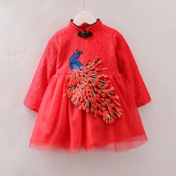 

Girls Chinese nationality Dress Retro disc buckle lace stand collar dressChinese style embroidery Velvet child girl clothing