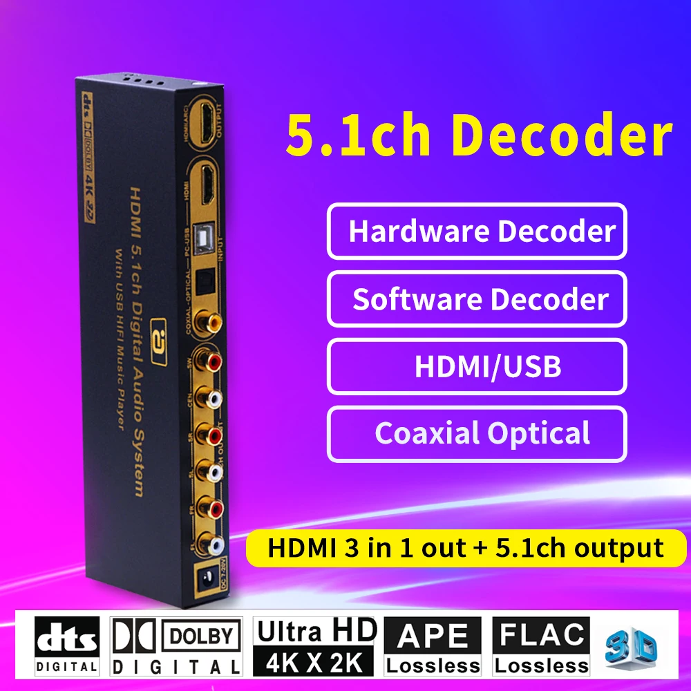

HDMI 5.1 Coaxial Digital Audio player Converter Decoder With USB Multi-Media DAC DTS AC3 FLAC PCUSB APE Extractor Splitter