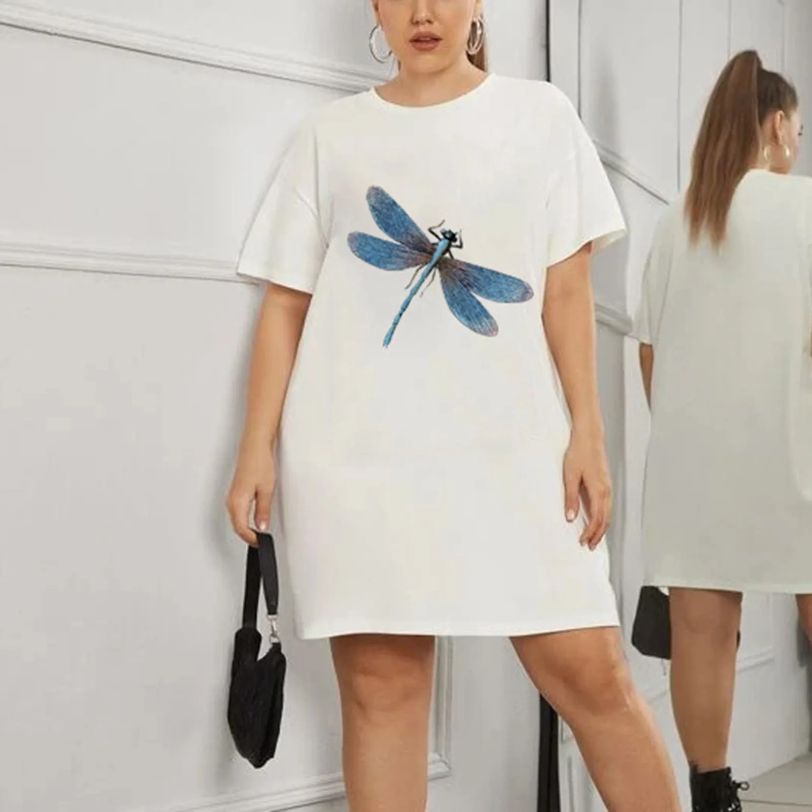 2021 Womens Summer Plus Size Short Sleeves Over Size Fashion Casual Print O-neck Casual Loose Pullover Tunic Tops T Shirt Dress 1