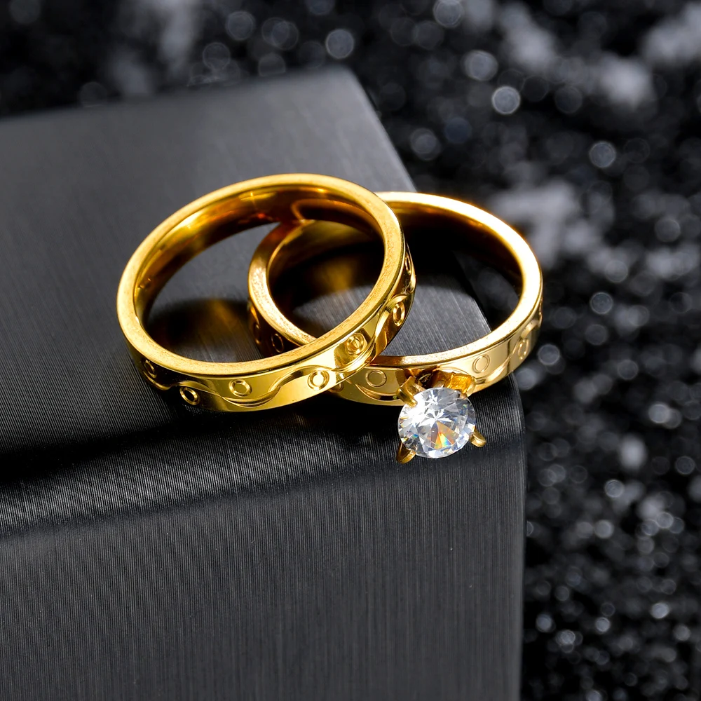 Couple Ring Wedding-Bands Stainless-Steel Zircon Crystal Gold Blue Womens Charm Valentines-Day