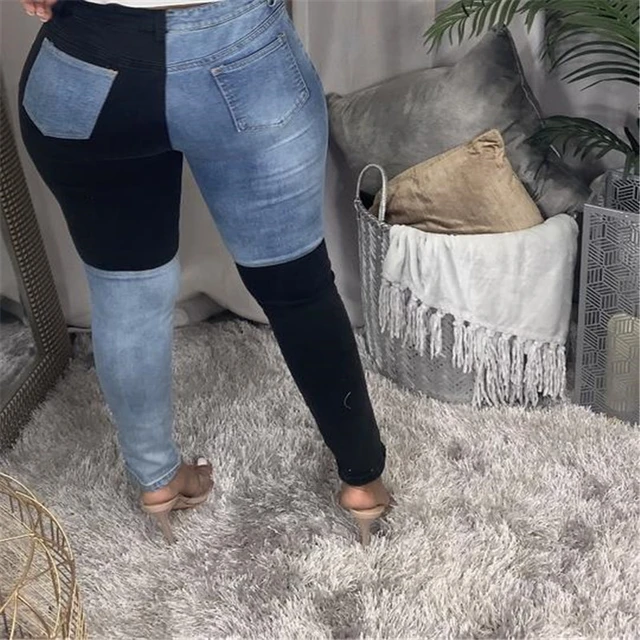 Calça jeans feminina, azul, preta, contraste de cor, cintura alta
