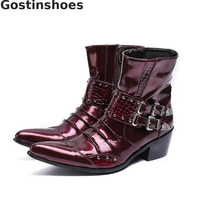 

Fashion Men Winter Boots Red Genuine Leather Martin Boots Pleated Leather Side Zipper Pointed Toe Buckle Straps Men Short Boots