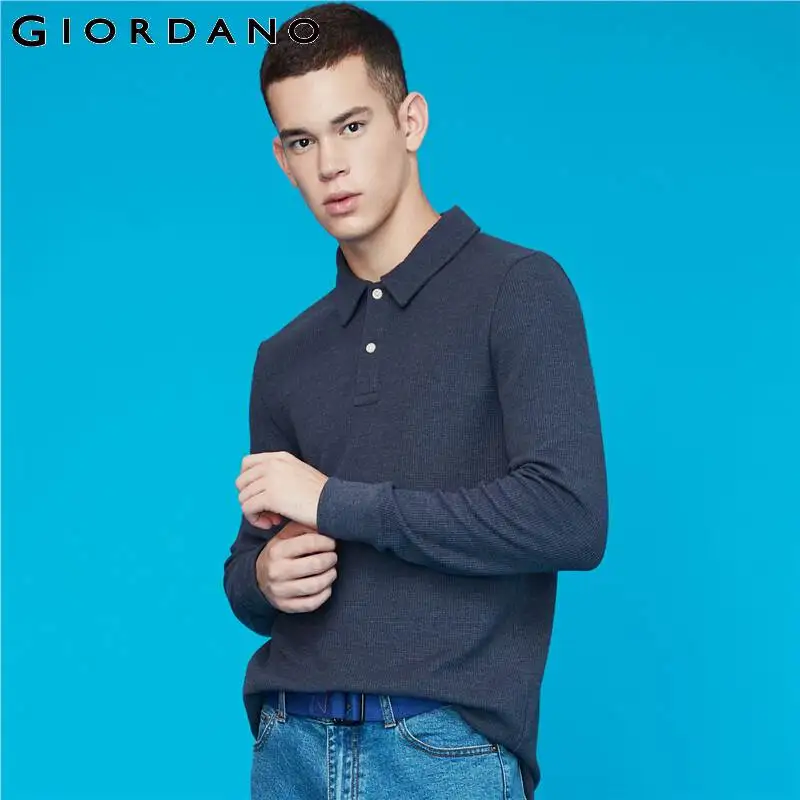 Мужская рубашка поло с длинным рукавом Giordano однотонная плотная рубашка-поло