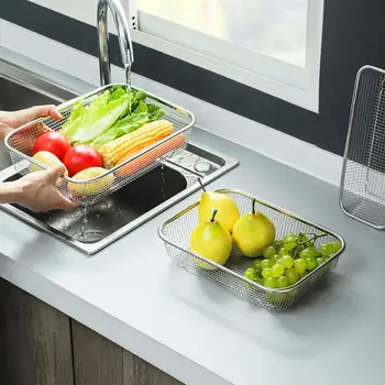 

Rectangle Stainless Steel Wash Basin Drain Basket Sink Rack Tray Sink Dishes Draining Rack Kitchen Vegetable Fruit Basket