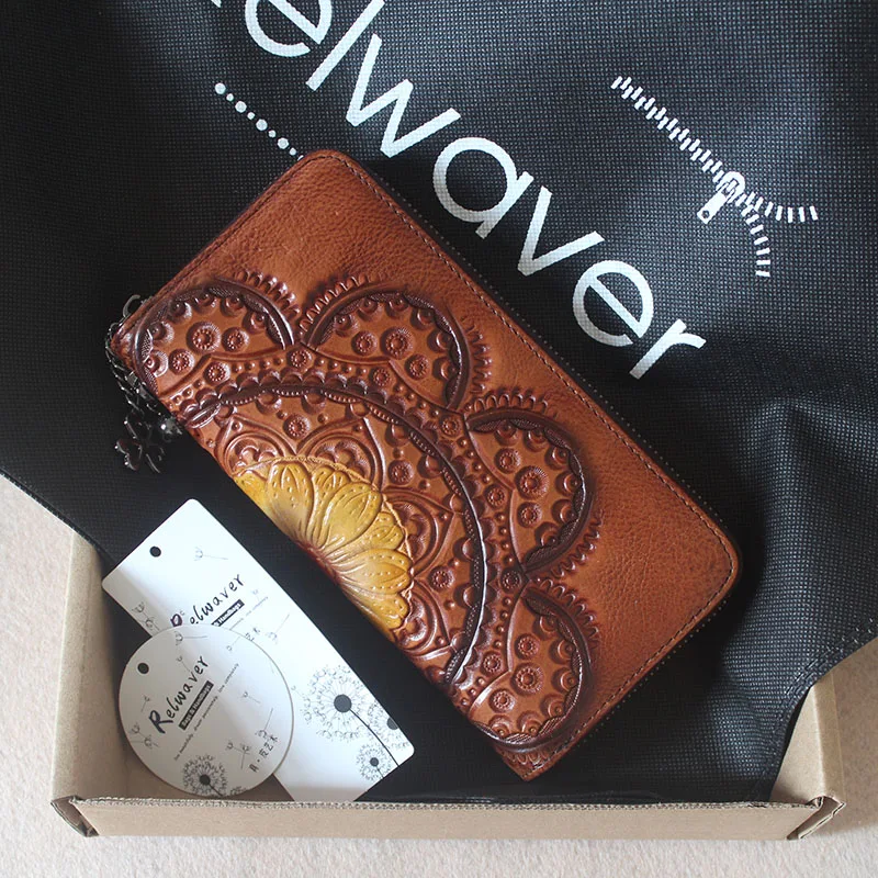 

Relwaver women wallet genuine leather Chinese style flower green clutch wallet brush-off natural leather zipper long purse