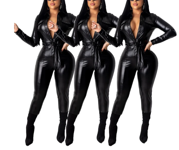 black leather overalls women's