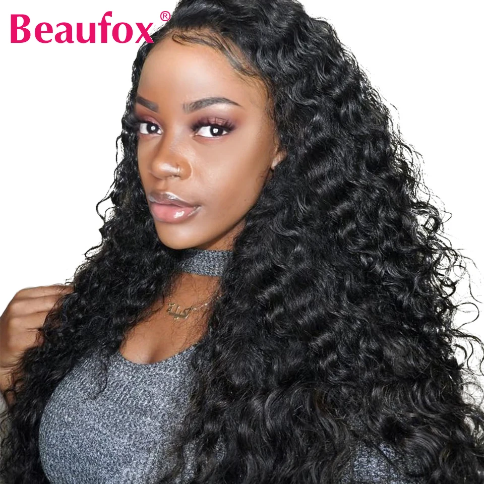 13x4 Lace Front Human Hair Wigs Brazilian Deep Wave Wig Pre Plucked Lace Wig With Baby Hair Natural Color 150% Remy Beaufox Hair 1
