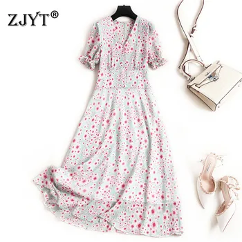 

Europe Fashion New 2020 Summer Dresses for Women Elegant Short Sleeve V Neck Mid Calf Casual Beach Print Floral Chiffon Dress