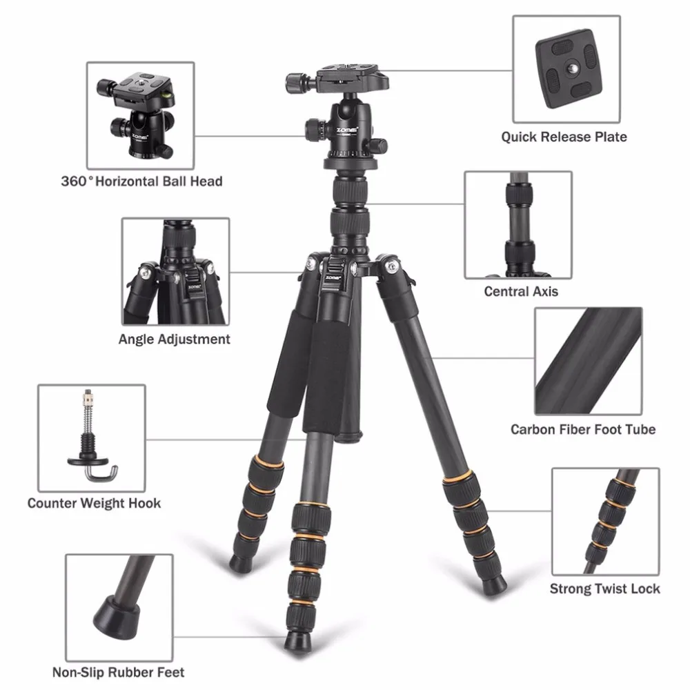 Professional ZOMEI Q666C Tripod Portable Travel Carbon Fiber Tripod Monopod Plastic Ball Head For DSLR SLR Digital Camera