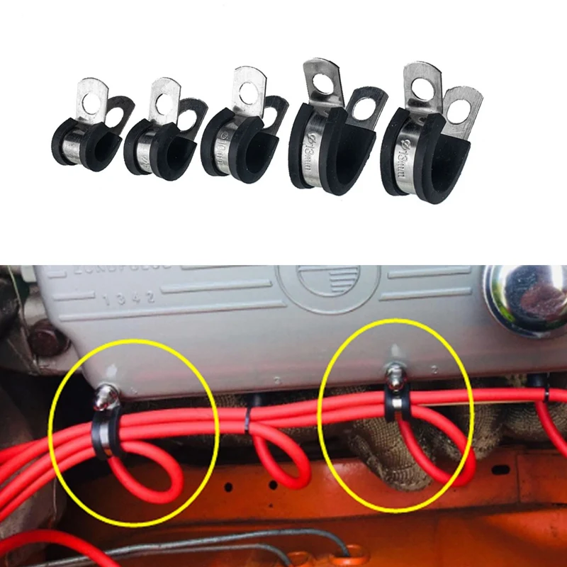 48pcs Rubber Clamp 304 Stainless Steel C-shaped Rubber Hose Clamp Cable Installation Hose Pipe Clamp Auto Parts Repair Tool