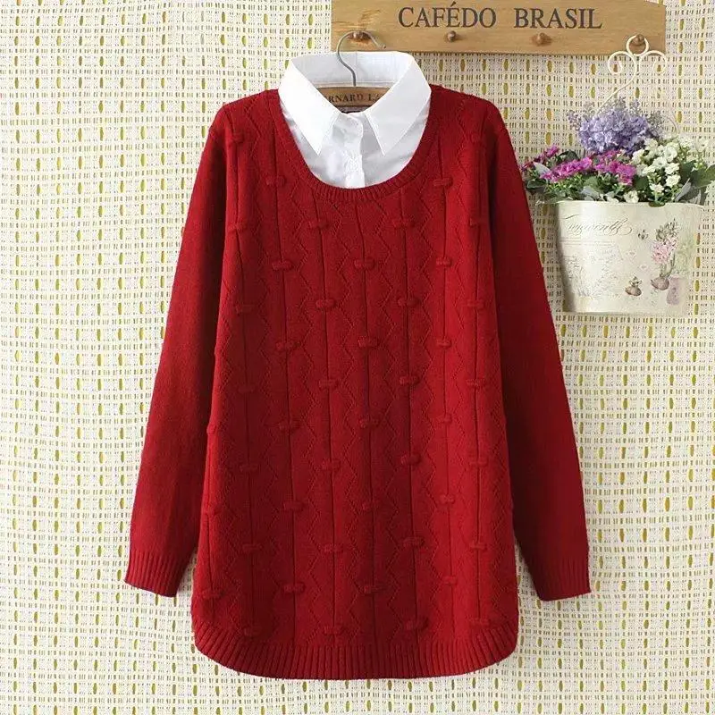 

Plus size Elastic pullovers knitting Autumn patchwork long sleeve women sweaters 2019 Two false pieces ladies fashion pull femme