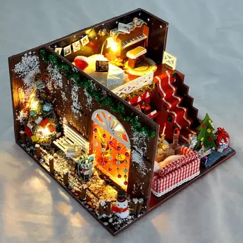 

DIY Wood Assemble Christmas Miniature Dollhouse Kit With LED Light And Furniture 3D House Model Craft Kit Christmas Decoraions