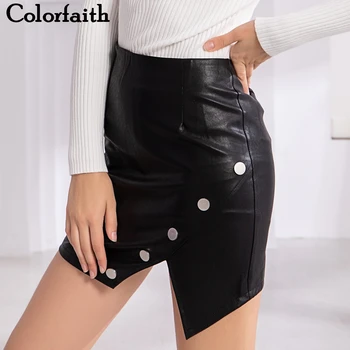 

Colorfaith New 2019 Women PU Leather Skirt Autumn Winter Button Sexy Fashion A-Line Asymmetrical Mini Skater Skirt Female SK1881