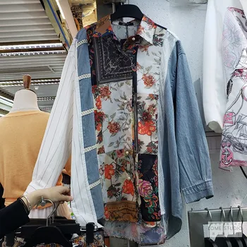 

European Style Loose Blouse for Women 2020 Summer New Lapel Stitching Denim Floral Lace Midi Long Shirt Women's Blouses Tops