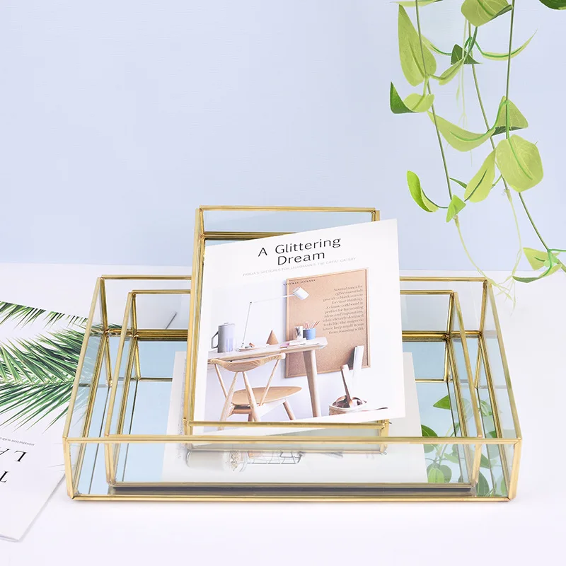 Nordic Retro Storage Tray Gold Rectangle Glass Makeup Organizer Tray Dessert Plate Jewelry Display Home Kitchen Decor 2