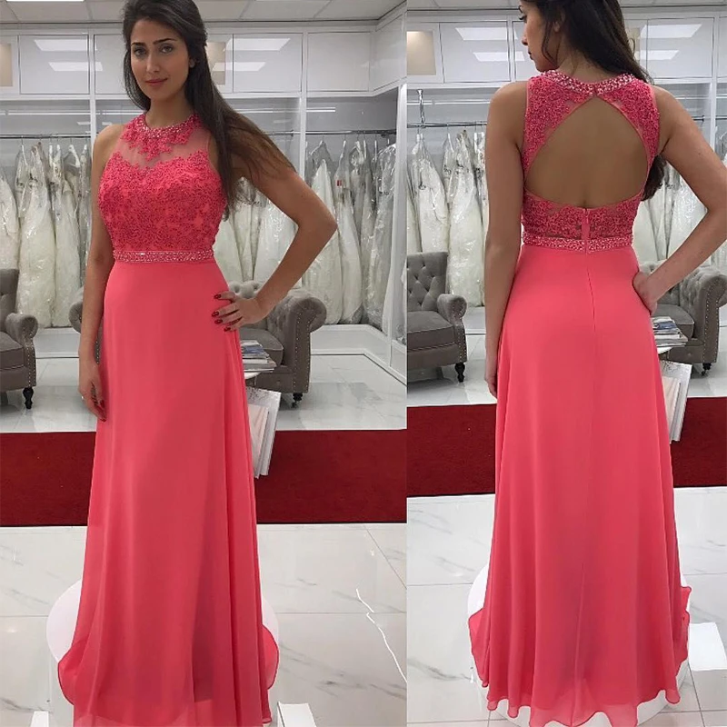 Hot Pink Lace Evening Dresses Long Crew Neck Appliques Sexy Backless Formal Gowns Cheap Party Dress Custom Made | Свадьбы и