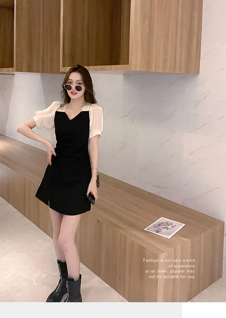 Dress Women Sexy Patchwork Leisure Holiday Party Female Side-slit Elegant Puff Sleeve Abdomen Two-length Fashion Design Summer party dresses for women
