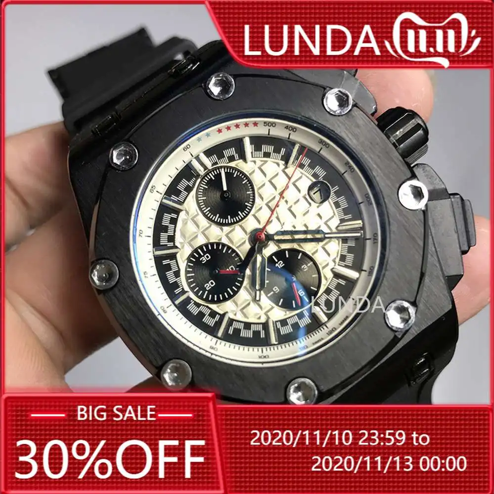 AAA quality Mens black watch iced out quartz watches chronograph function works well royal A-p style