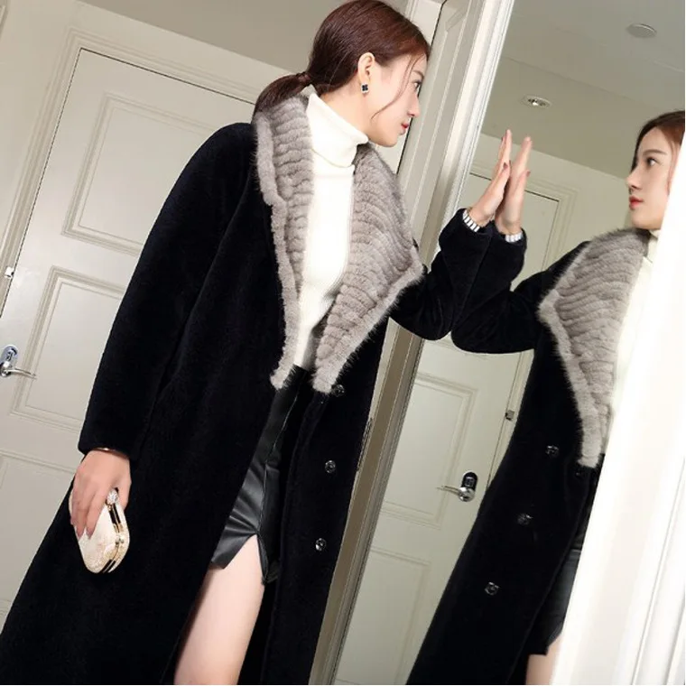 

2020 Sheep Shearing Real Coat Wool Mink Fur Collar Autumn Winter Jacket for Women Abrigo Mujer F18RT1899 KJ2506