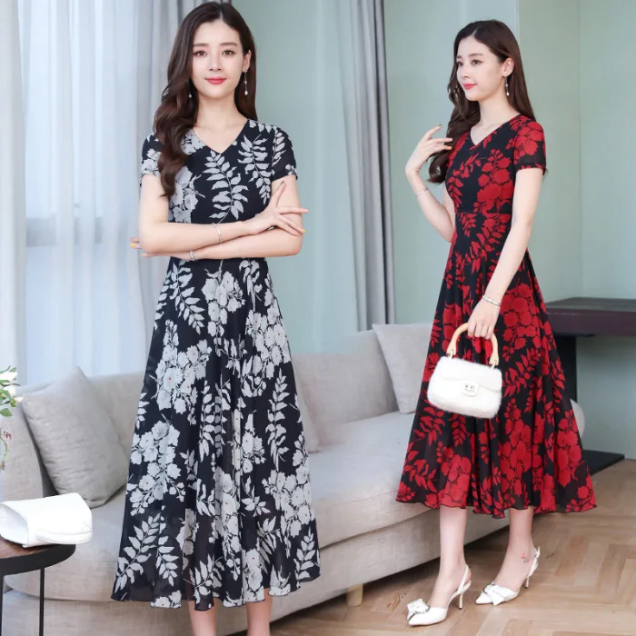 

Floral-Print Big Hemline over-the-Knee Slimming Immortal Popular Long Skirts 2019 New Style Crew Neck Short Sleeve Slimming Wome