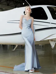 Evening Dresses Mermaid Handmade Flower Pearl Sling Backless Women Prom Gowns With Bow Formal Party Robe de mariée prom dresses