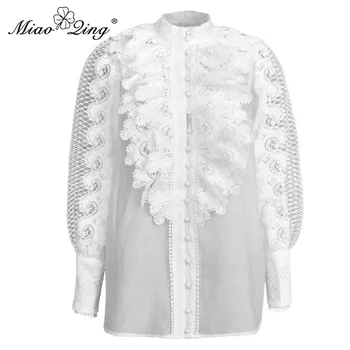 

MIAOQING Elegant White Patchwork Lace Shirt For Women Stand Collar Lantern Long Sleeve Shirts Female 2019 Autumn Fashion New